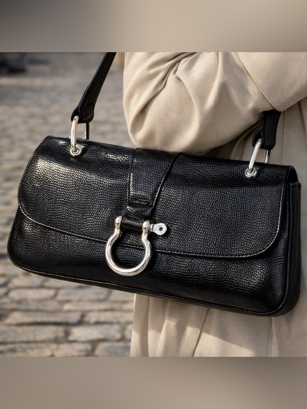 Burberry Black Lizard Leather Shoulder Bag Rare Vintage